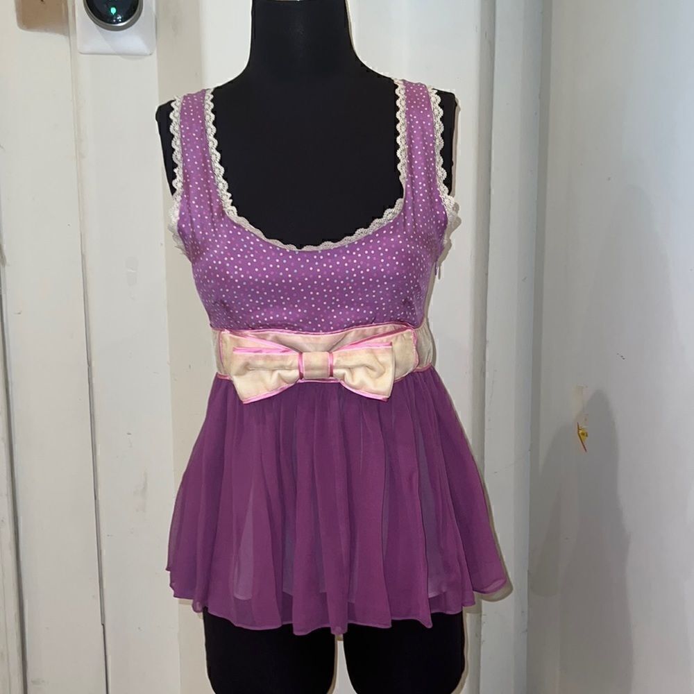 Heatherette purple polka dot bow top blouse Womens size four tank